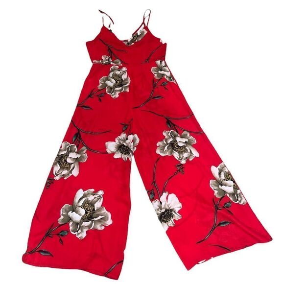 Forever 21 Magnolia Print Red Strappy Wide Leg Jumpsuit Size Medium - Picture 5 of 14